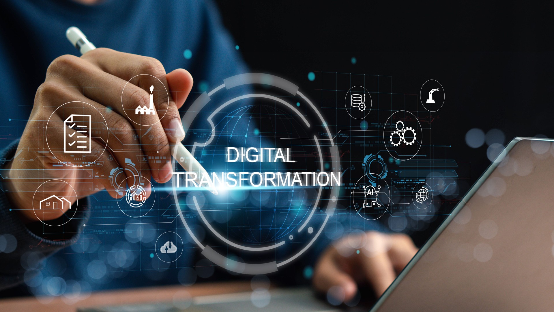 Digital Transformation and Digitalization Technology concept on Abstract Background. IoT, Artificial Intelligence, adoption of technology, enhancing global business capabilities Digital Transformation and Digitalization Technology concept on Abstract Background. IoT, Artificial Intelligence, adoption of technology, enhancing global business capabilities